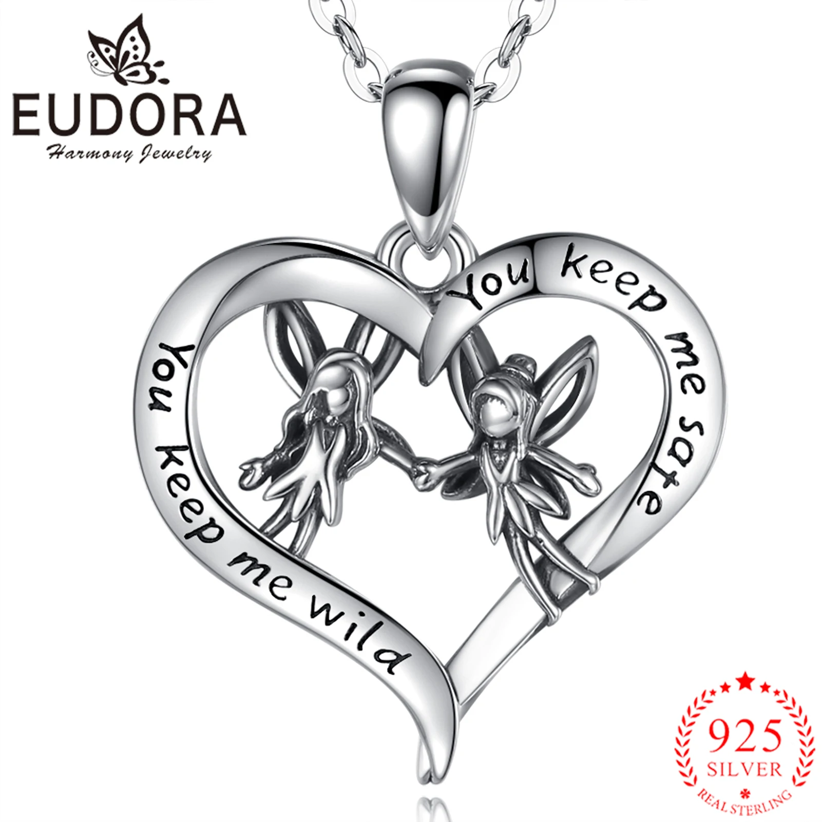 

EUDORA 925 Sterling Silver Angel sisters heart Pendant YOU KEEP ME WORD Friendship Necklace for Women Girl CYD647