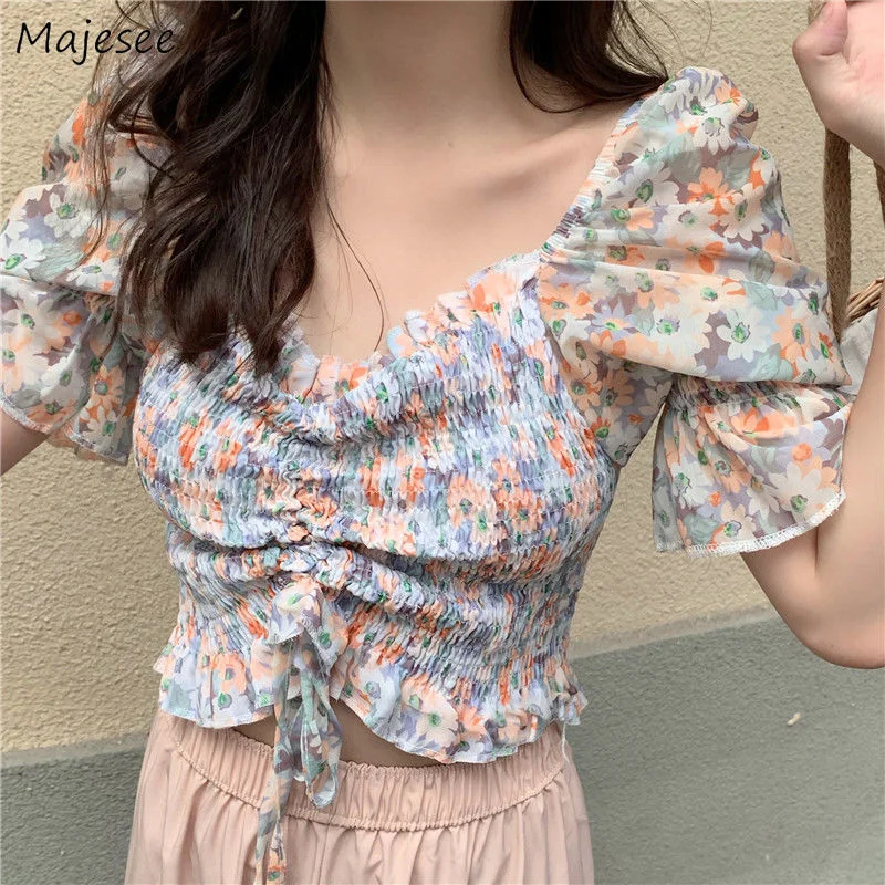 Blouses Women Stretchy Slim Cropped Tops Square Collar Ruffles Students Sweet Chiffon Casual Cozy Floral Pattern Fashion Summer
Blouses Women Stretchy Slim Cropped Tops Square Collar Ruffles Students Sweet Chiffon Casual Cozy Floral Pattern Fashion Summer