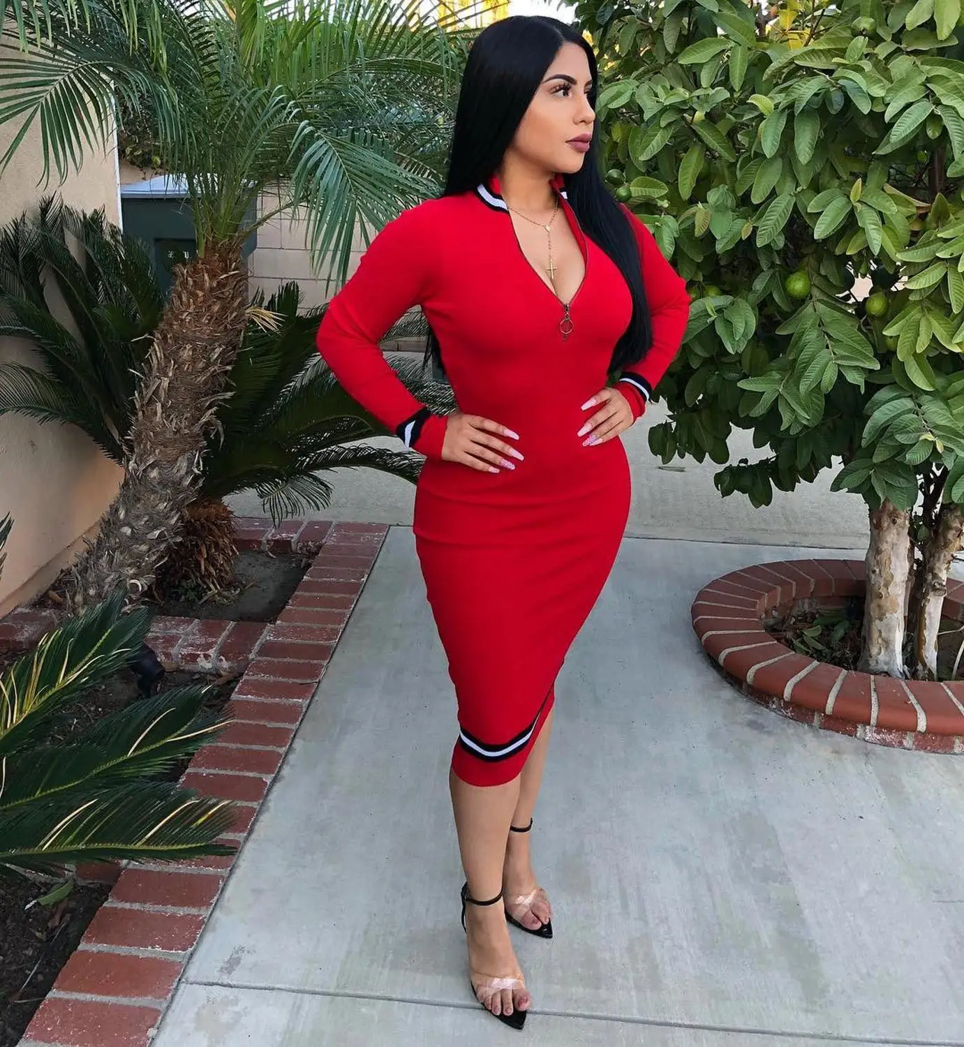 Zip Front Split Hem Tape Striped Bodycon Long Dress Women Autumn Stand Collar Sporting Casual Pencil Dresses
Zip Front Split Hem Tape Striped Bodycon Long Dress Women Autumn Stand Collar Sporting Casual Pencil Dresses