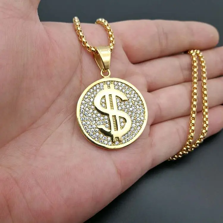 

Men Hip hop iced out bling dollar Pendant Necklaces Stainless Steel never fade Hiphop pendants Necklace charm jewelry gifts