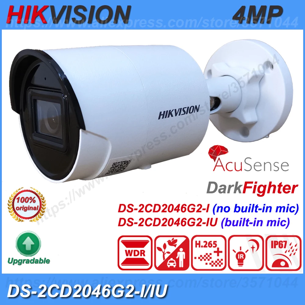 

Hikvision Original DS-2CD2046G2-IU 4MP DS-2CD2046G2-I Built-in Mic DarkFighter IP67 POE IR AcuSense Mini Bullet CCTV IP Camera