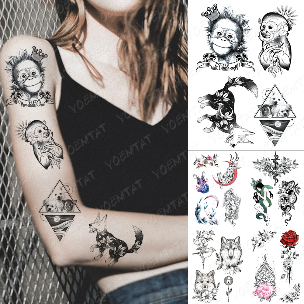 

Водонепроницаемые временные тату-стикеры для детей, обезьяна, лиса, луна, кролик, флэш-татуировки, роза, птица, боди-арт, поддельные татуиров...