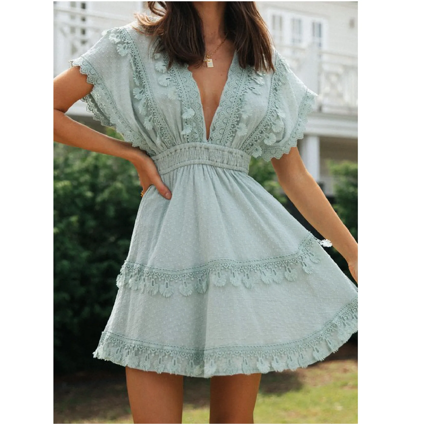 Ladies Dress Retro Lace Stitching Lace Halter Big Swing Bat Sleeves New Unique Design Outdoor Street Casual Party Vestidos
Ladies Dress Retro Lace Stitching Lace Halter Big Swing Bat Sleeves New Unique Design Outdoor Street Casual Party Vestidos