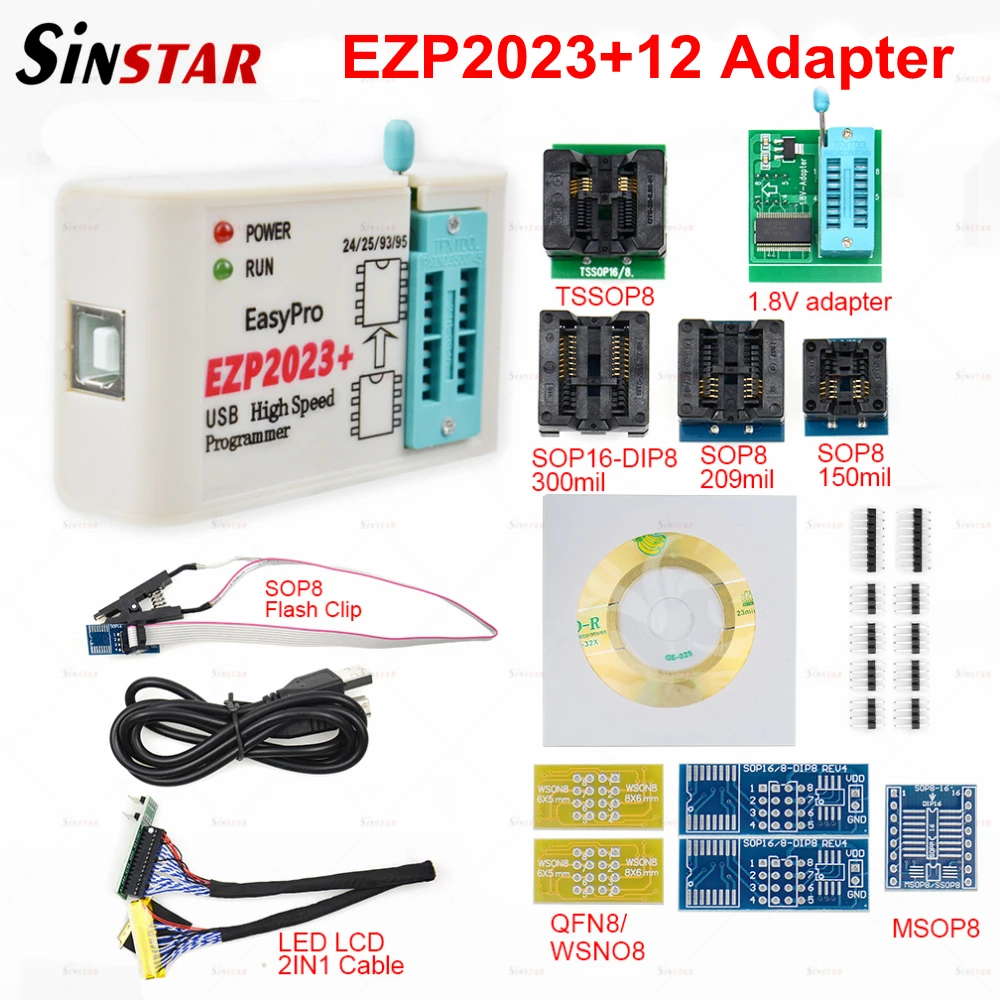 Высокоскоростной USB-программатор SPI EZP2023 с 12 адаптерами поддержка 24 25 26 93 95 EEPROM