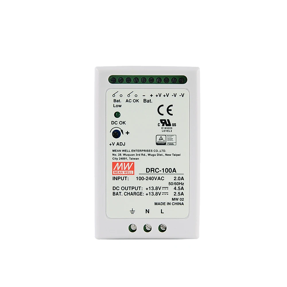Original Mean Well DRC-100A meanwell 13.8V DIN Rail Security Power Supply 96.6W Single Output with Battery Charger UPS Function 
Original Mean Well DRC-100A meanwell 13.8V DIN Rail Security Power Supply 96.6W Single Output with Battery Charger UPS Function