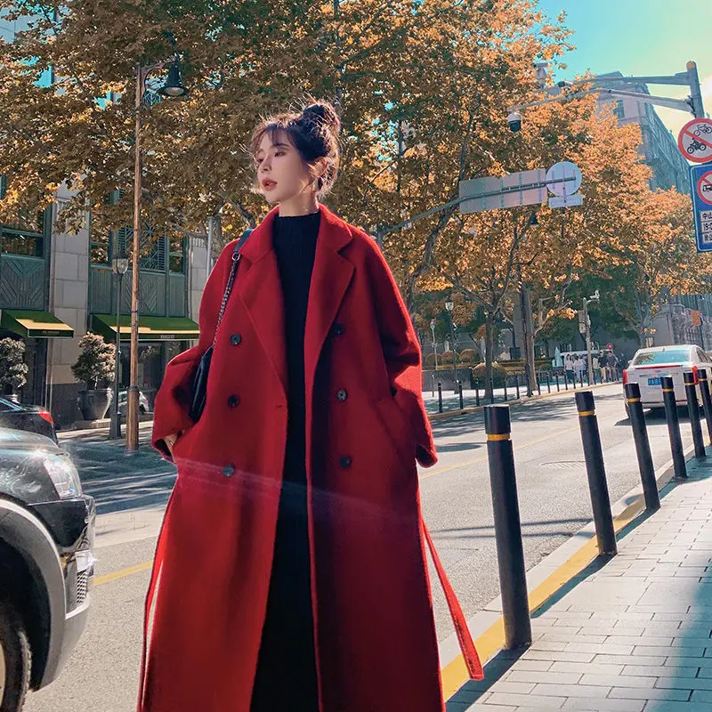 

Женское шерстяное пальто с поясом, черное Свободное длинное пальто с разрезом на подоле, корейский стиль, верхняя одежда 3XL, весна-осень