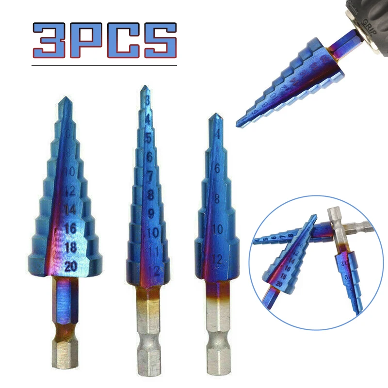 Metal Drills HSS Nano blue Coated Step Drill Bit Drilling Tools HSS Metal Wood Hole Cutter Step Cone Drill 3-12/4-12/4-20mm
Metal Drills HSS Nano blue Coated Step Drill Bit Drilling Tools HSS Metal Wood Hole Cutter Step Cone Drill 3-12/4-12/4-20mm