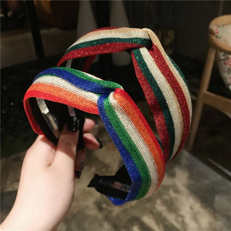 

Rainbow Colorful Knitted Hairbands Women Broad Brim Stripes Headband Fashion Sweet Knot Hair Accessories Star Style Headwear