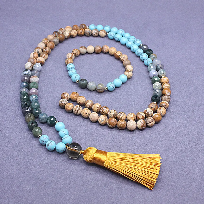 108Mala Natural Picture Stones And India Onyx Turquoise Beads Long Necklaces Bracelets Jewelry Set For Women Men Sweater Chains
108Mala Natural Picture Stones And India Onyx Turquoise Beads Long Necklaces Bracelets Jewelry Set For Women Men Sweater Chains