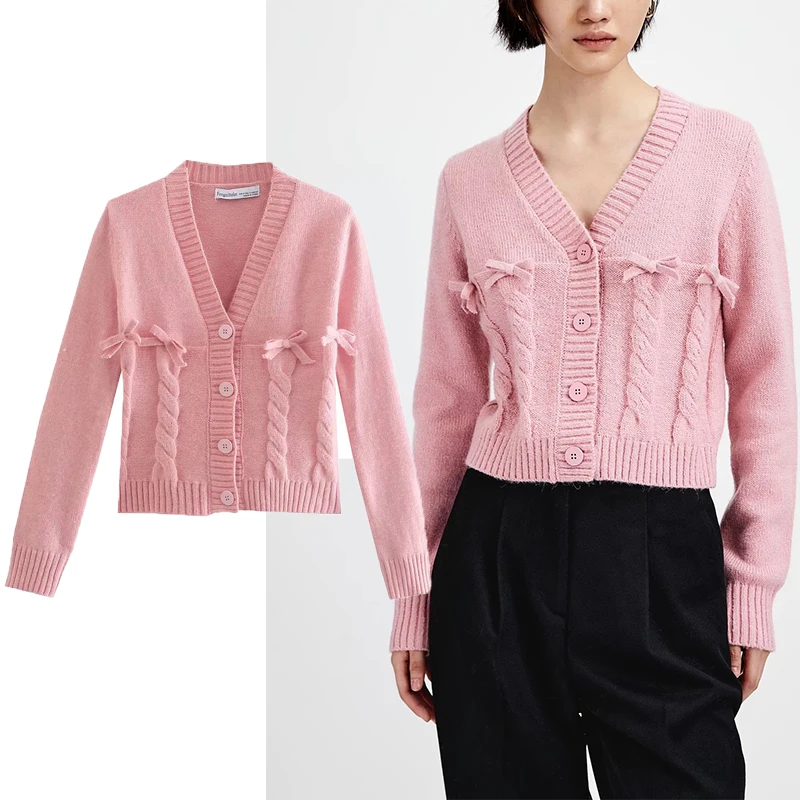 

ZA 2021 Autumn Bow Knit Sweater Cardigan Women Long Sleeve V Neck Sweet Knitted Top Female Fashion Ribbed Loose Soft Cardigans