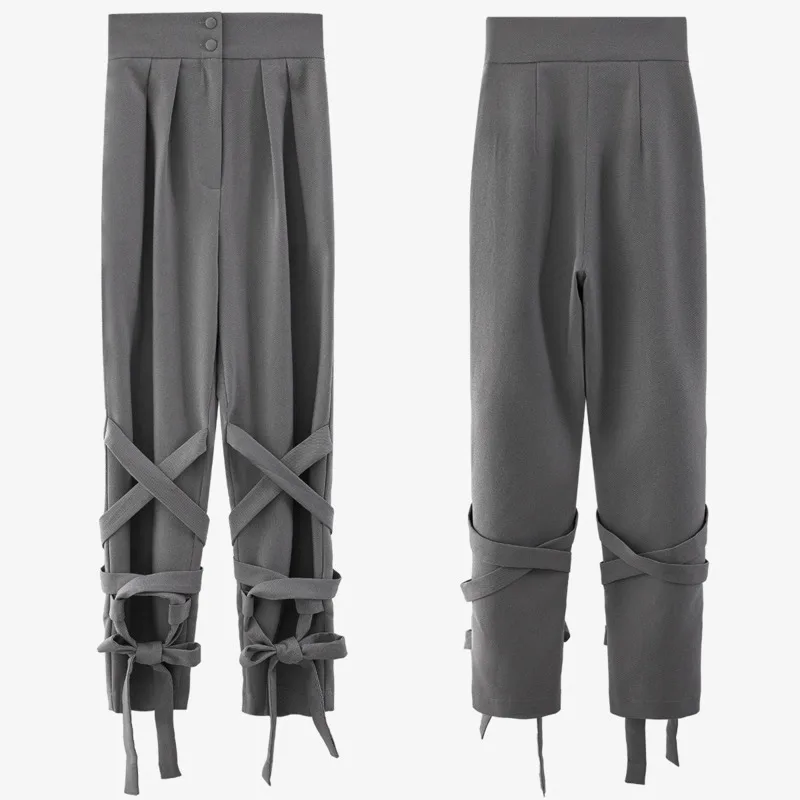 Grey Women's High Street Personalized Pants Cross Bandage Solid Color Slim Stylish Casual Trousers 2020 Autumn Bb32
Grey Women's High Street Personalized Pants Cross Bandage Solid Color Slim Stylish Casual Trousers 2020 Autumn Bb32