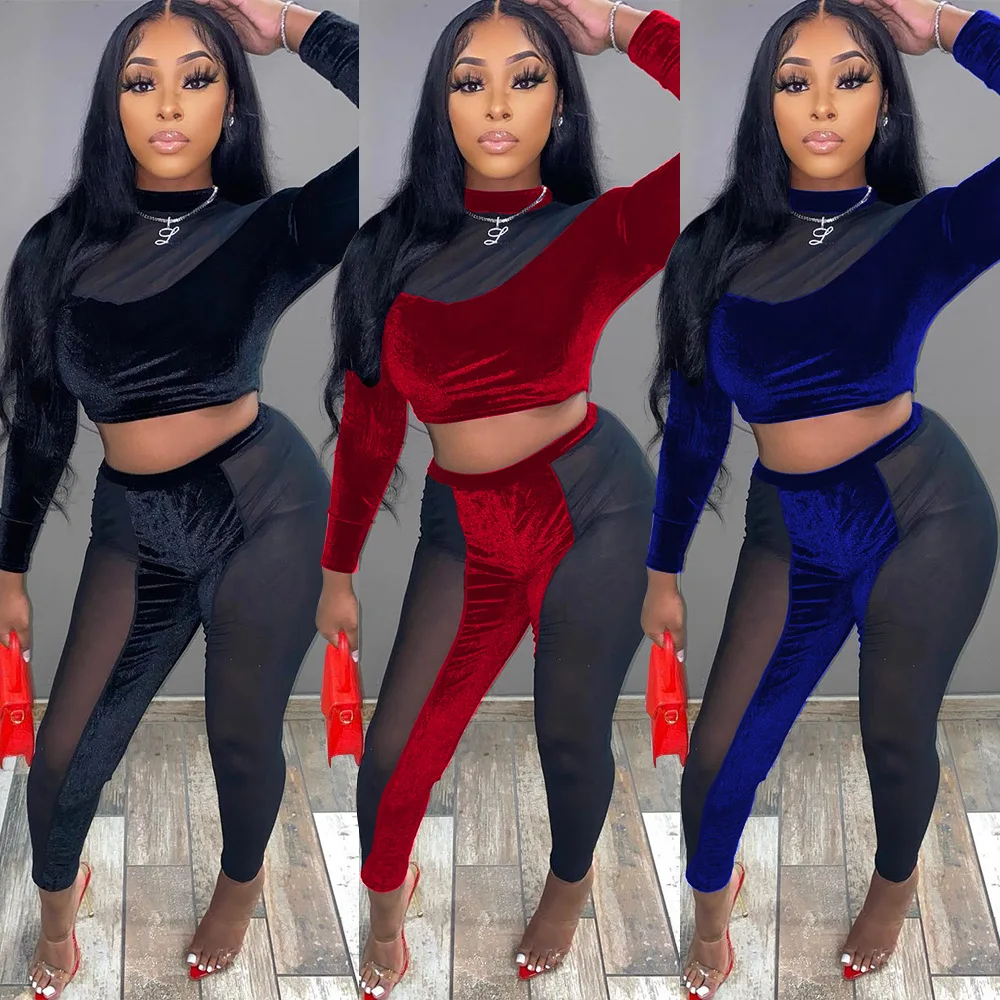 Sexy Sheer Mesh Patchwork Velvet Two Piece Set Women Casual O Neck Crop Top + See Through Pencil Pants Club Party Outfits
Sexy Sheer Mesh Patchwork Velvet Two Piece Set Women Casual O Neck Crop Top + See Through Pencil Pants Club Party Outfits