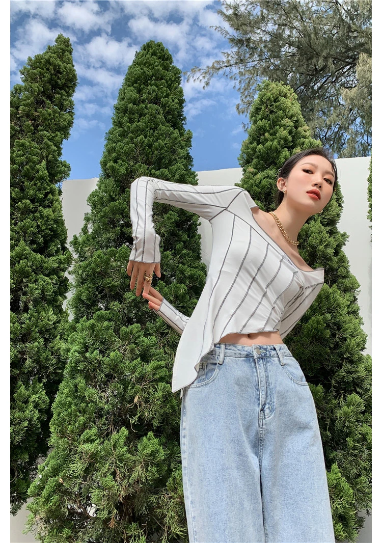 New 2021 Summe Fashion T Shirt Women Contrast Stitch Tshirt Casual Long Sleeve Asymmetrical Top Square Neck Striped Tide Top
New 2021 Summe Fashion T Shirt Women Contrast Stitch Tshirt Casual Long Sleeve Asymmetrical Top Square Neck Striped Tide Top