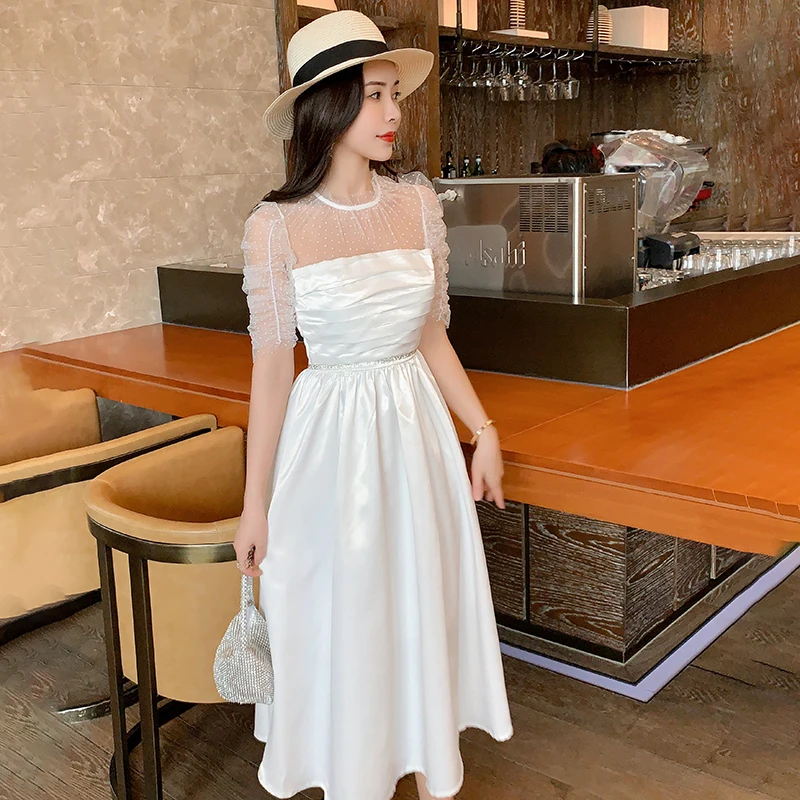 Mesh Patchwork Silk Party Dress Women White Dot Summer Long Dress Zipper High Waist Runway Dress Vintage Elegant Office B964
Mesh Patchwork Silk Party Dress Women White Dot Summer Long Dress Zipper High Waist Runway Dress Vintage Elegant Office B964