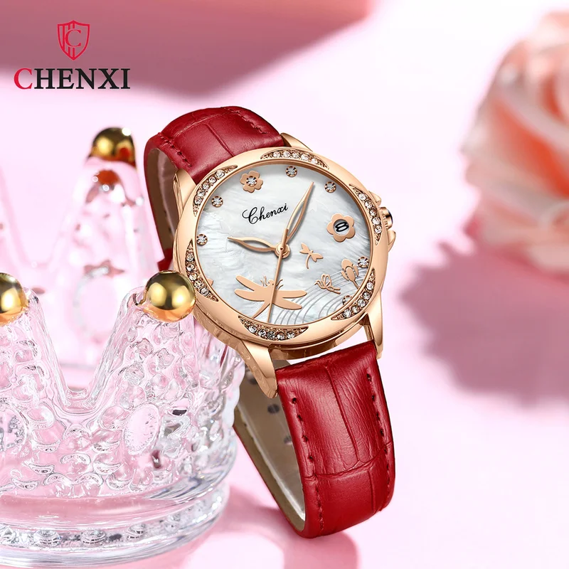 

CHENXI Women's Casual Waterproof Luminous Luxury Fashion Diamond-studded Leather Strap Mother-of-pearl Dial Quartz Watch WA221