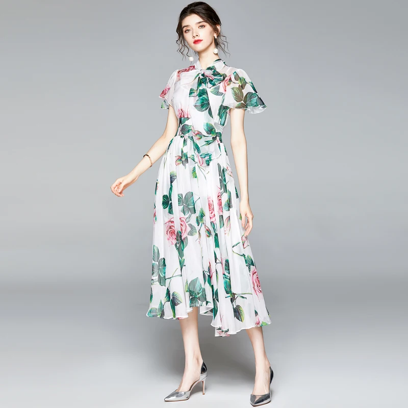 Summer Runway Women's Bohemia Dress Designer Short Sleeve Bow Collar Rose Flower Printed Female Holiday Chiffon Slim Long Dress
Summer Runway Women's Bohemia Dress Designer Short Sleeve Bow Collar Rose Flower Printed Female Holiday Chiffon Slim Long Dress