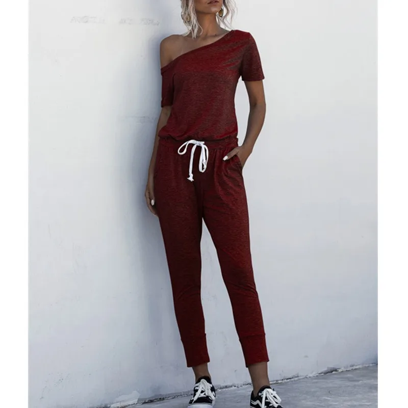 Fashion Women Summer Solid Color Jumpsuits Drawstring Design Pockets Decor Oblique Collar Short Sleeve Mid Waist Slim Jumpsuits
Fashion Women Summer Solid Color Jumpsuits Drawstring Design Pockets Decor Oblique Collar Short Sleeve Mid Waist Slim Jumpsuits