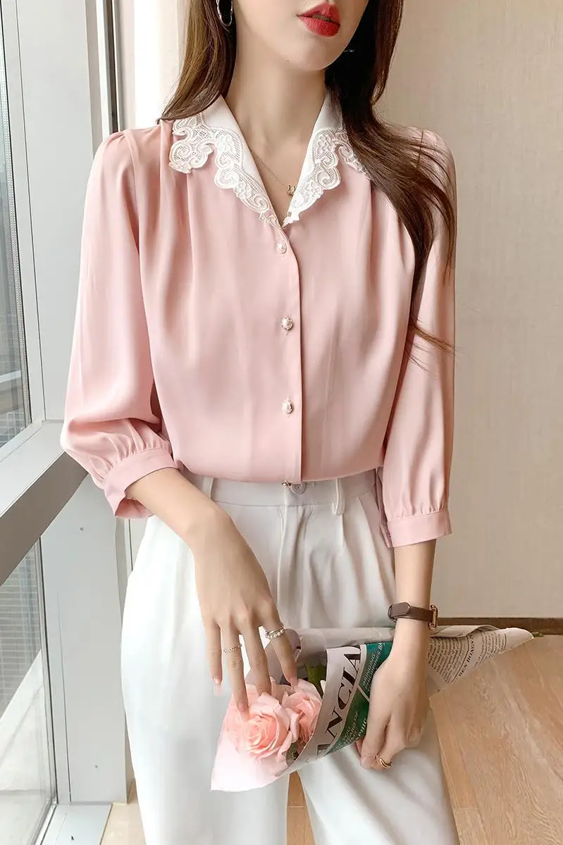 Houthion Women's Blouse Chiffon Top Casual Fashion New 2021 Lace Stitching Solid Color 3/4 Sleeve V-neck Shirt Korean
Houthion Women's Blouse Chiffon Top Casual Fashion New 2021 Lace Stitching Solid Color 3/4 Sleeve V-neck Shirt Korean