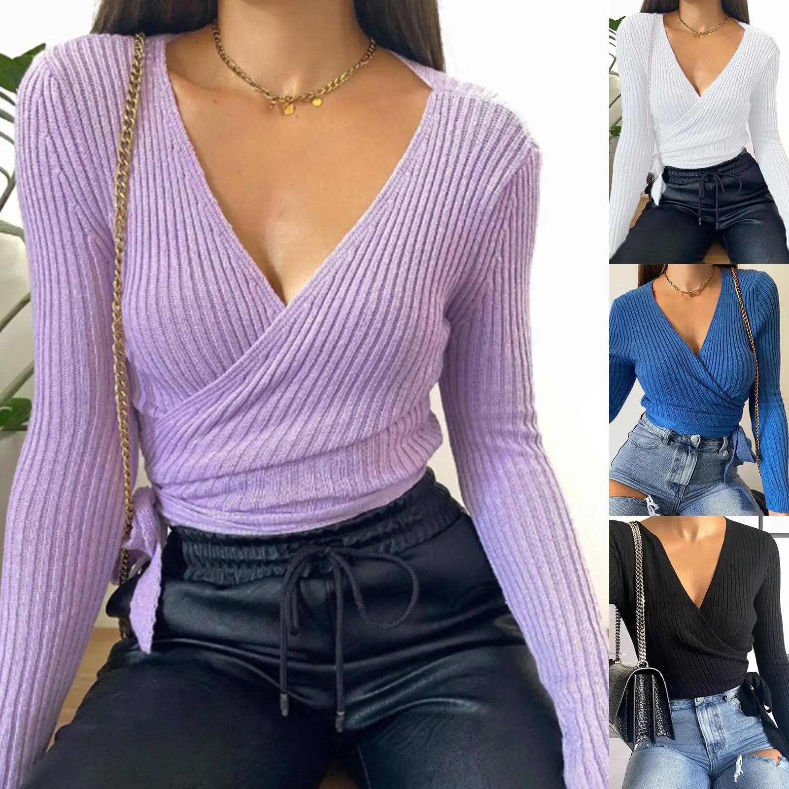 Ribbed Knitwear Top Women Sexy V Neck Wrap Blouse Solid Color Long Sleeve Slim Top
Ribbed Knitwear Top Women Sexy V Neck Wrap Blouse Solid Color Long Sleeve Slim Top