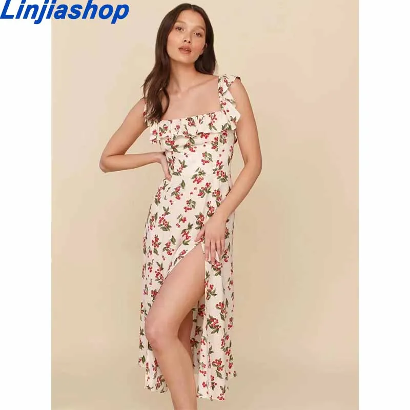 Женское винтажное платье без рукавов, платье во французском стиле с цветочным принтом, оборками, квадратным вырезом, подолом и разрезом, Пля... 
Женское винтажное платье без рукавов, платье во французском стиле с цветочным принтом, оборками, квадратным вырезом, подолом и разрезом, Пля...