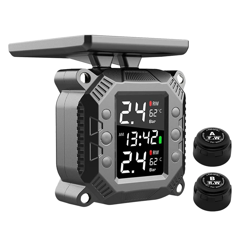 Wireless Tire Pressure Monitoring System, 7 Alarm Modes Motorcycle Solar Charging Waterproof TPMS with External Sensors
Wireless Tire Pressure Monitoring System, 7 Alarm Modes Motorcycle Solar Charging Waterproof TPMS with External Sensors