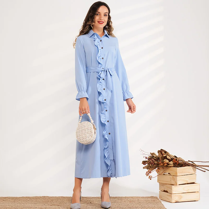 New Product Ladies Fashion Placket Ruffle Stitching Lapel Solid Color Loose Tie Belt Sweet Long Shirt Blue Woman Dress
New Product Ladies Fashion Placket Ruffle Stitching Lapel Solid Color Loose Tie Belt Sweet Long Shirt Blue Woman Dress