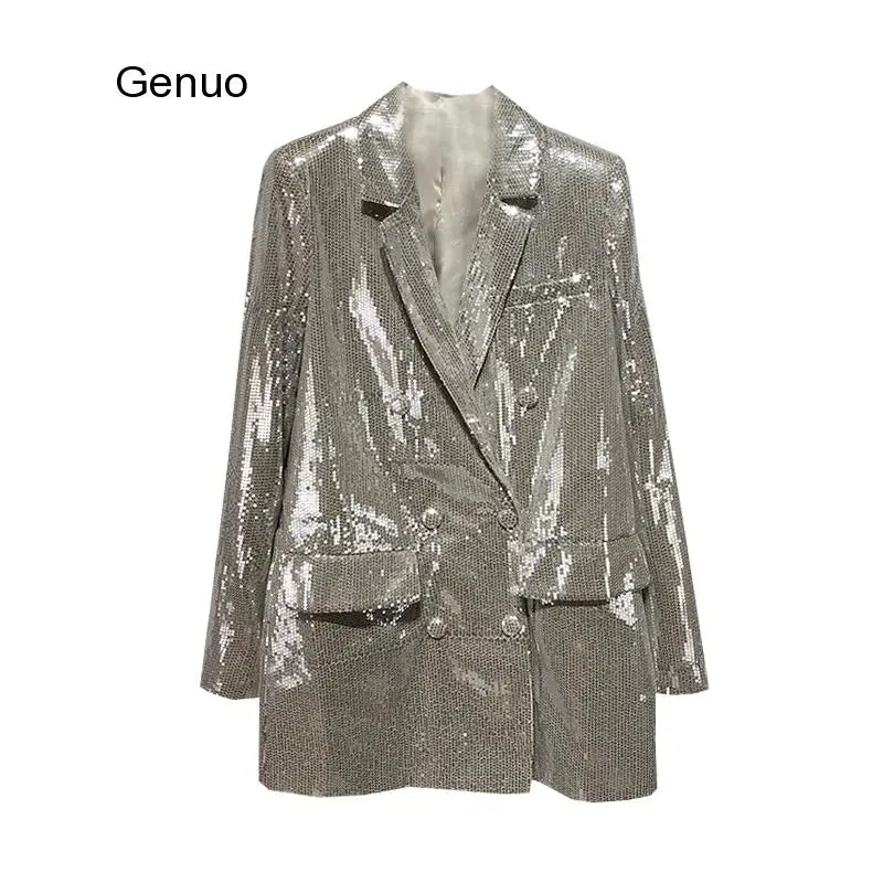 Sequined Blazer Jacket Women Notched Collar Double Breasted Casual Fashion Suit Jackets Lady Spring Autumn Loose Long Blazers 
Sequined Blazer Jacket Women Notched Collar Double Breasted Casual Fashion Suit Jackets Lady Spring Autumn Loose Long Blazers