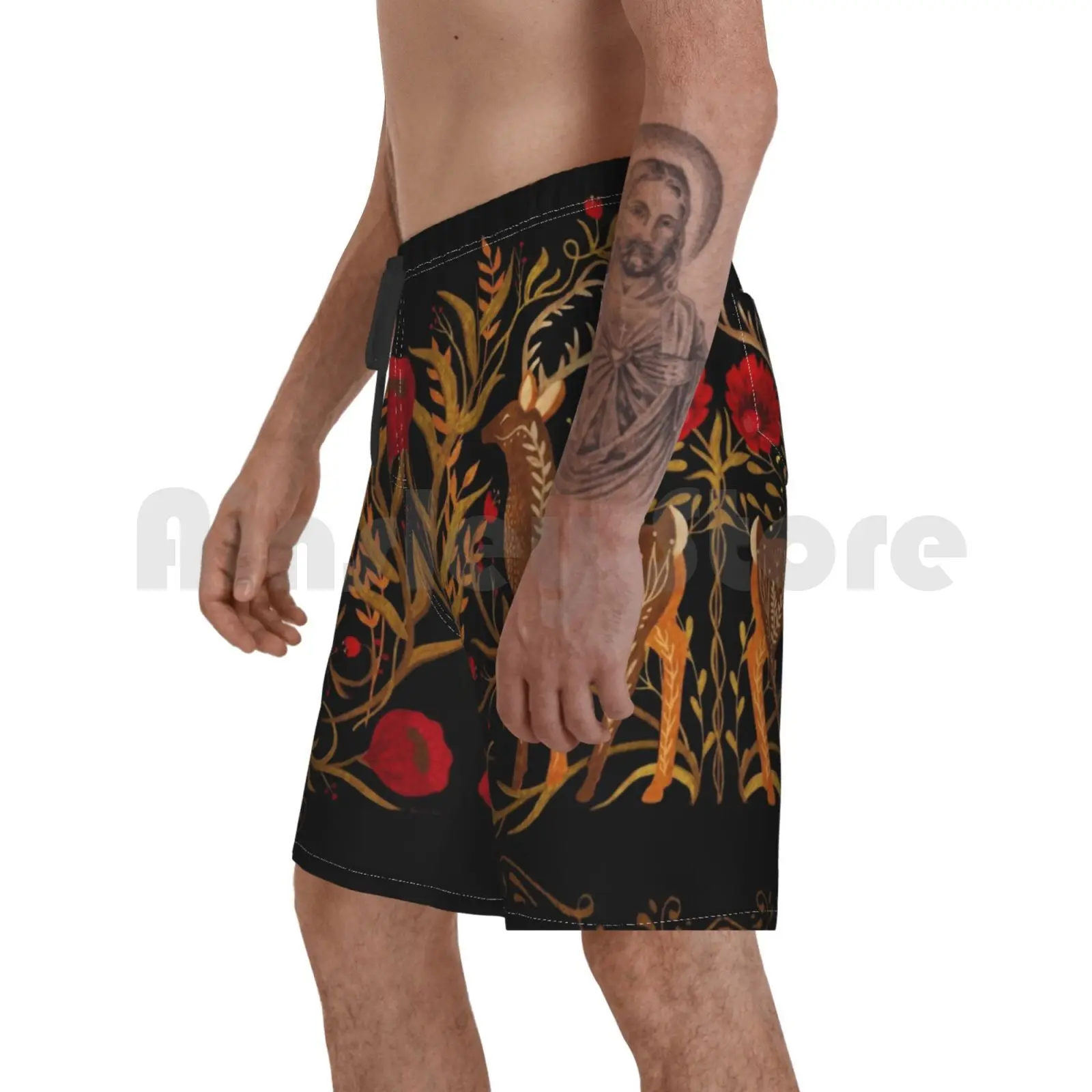 

Two Stags Protecting The Dark Forest Gate Beach Shorts Men Beach Pants Swimwear Deer Forest Roses Folk Scandinavian