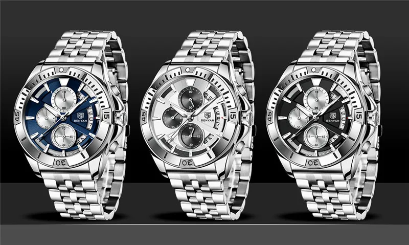 BENYAR Fashion Sport Watch Men Top Brand Luxury Blue Male Chronograph Clock Military Stainless Steel Waterproof Wristwatch 5180 | Наручные