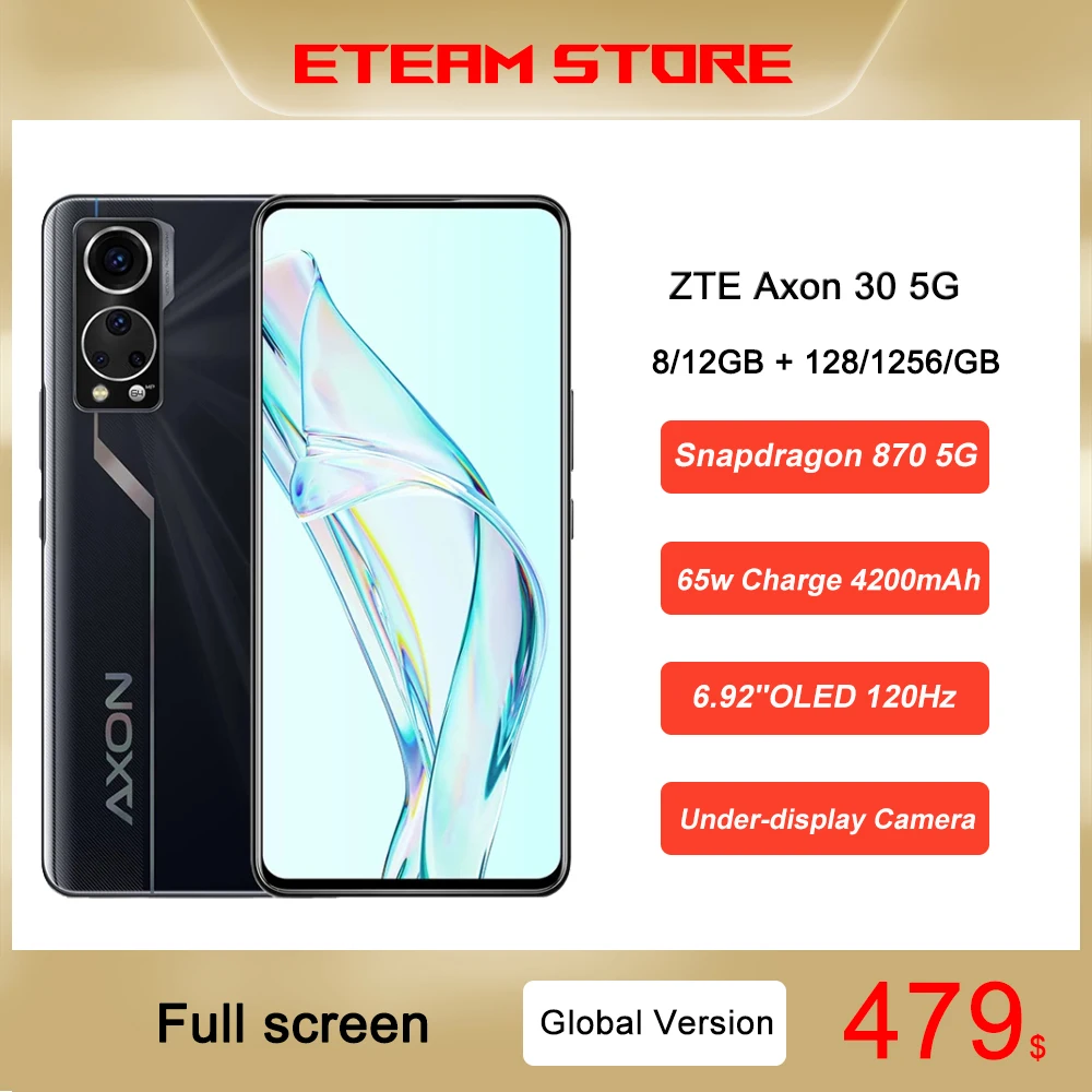 

Global Version ZTE Axon 30 Under-display Camera Snapdragon 870 Dual SIM 5G Phone 8/12GB 128/256GB 6.92"OLED 120Hz 65W 4200mAh