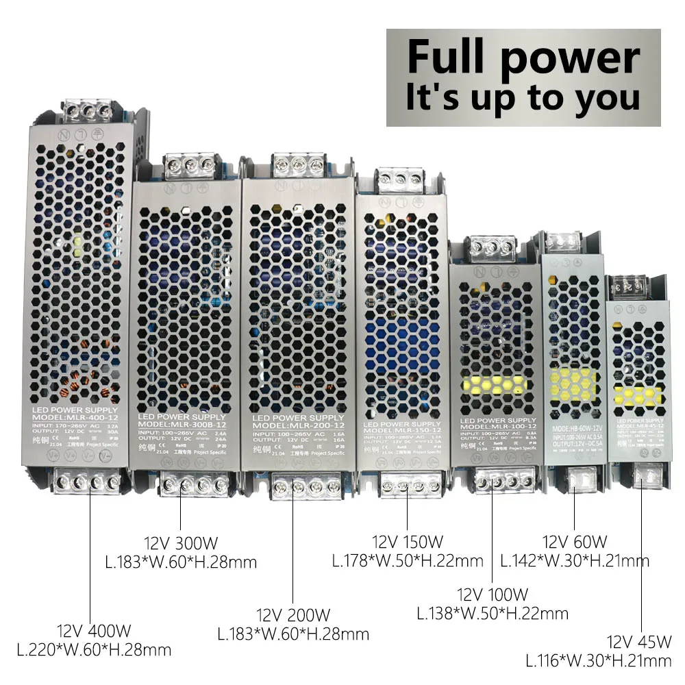 

Ultra Thin LED Strip Power Supply DC12V Lighting Electronic Transformers 45W 60W 100W 150W 200W 300W 400W AC100-265V LED Driver