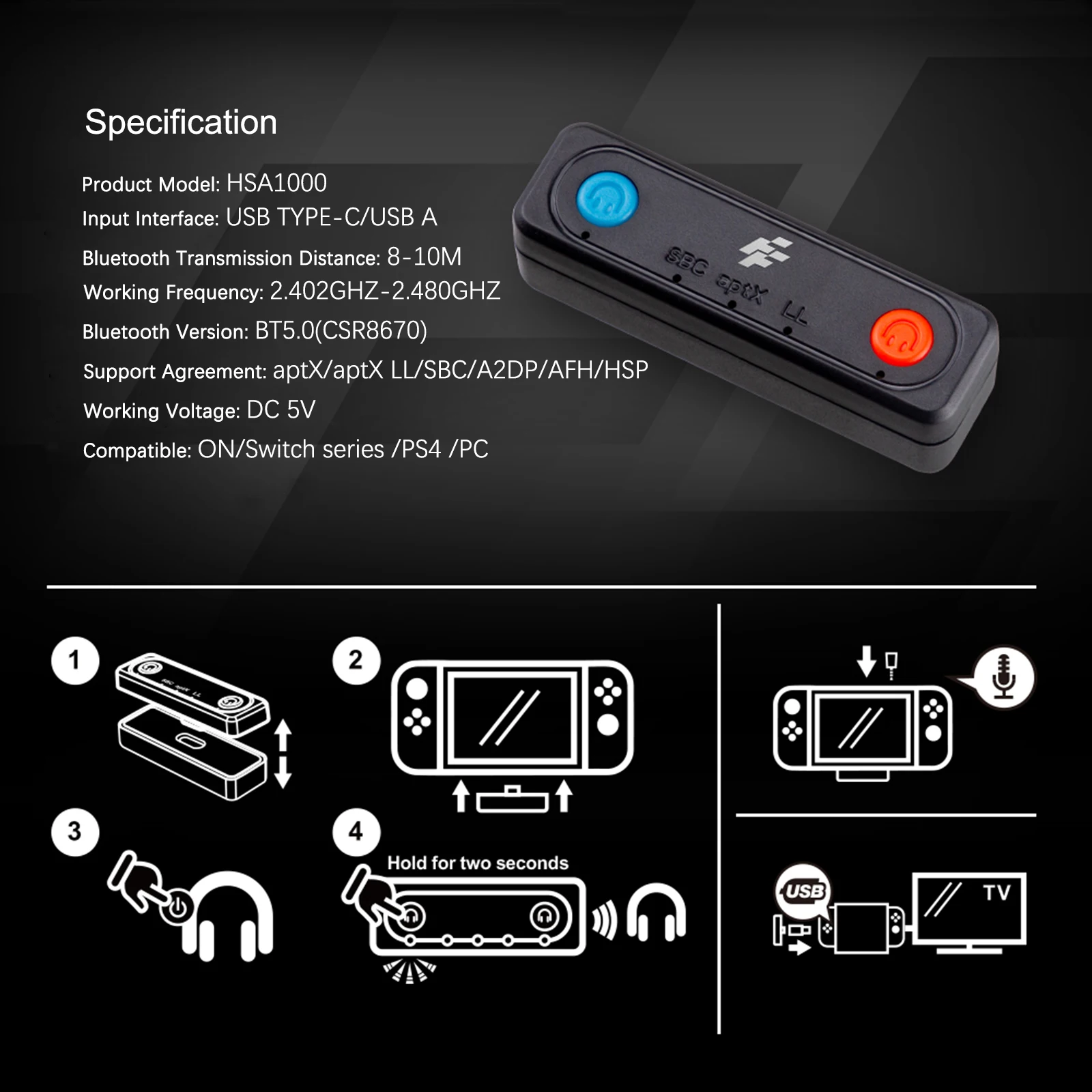 For Switch/PC/PS4 Bluetooth 5.0 Transmitter type c Audio Adapter Design for Nintendo Switch APTX LL Wireless Transmitter
For Switch/PC/PS4 Bluetooth 5.0 Transmitter type c Audio Adapter Design for Nintendo Switch APTX LL Wireless Transmitter