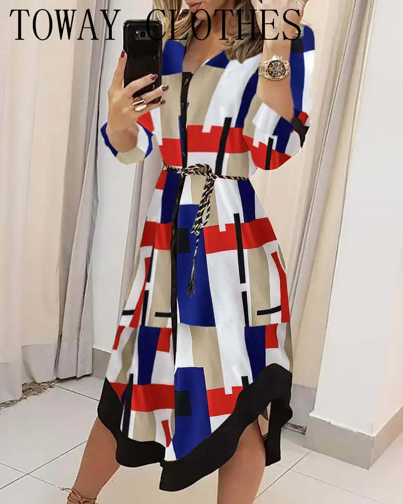 Women Summer Turn-down Collar Colorblocked Geo Print Asymmetrical Shirt Dress
Women Summer Turn-down Collar Colorblocked Geo Print Asymmetrical Shirt Dress