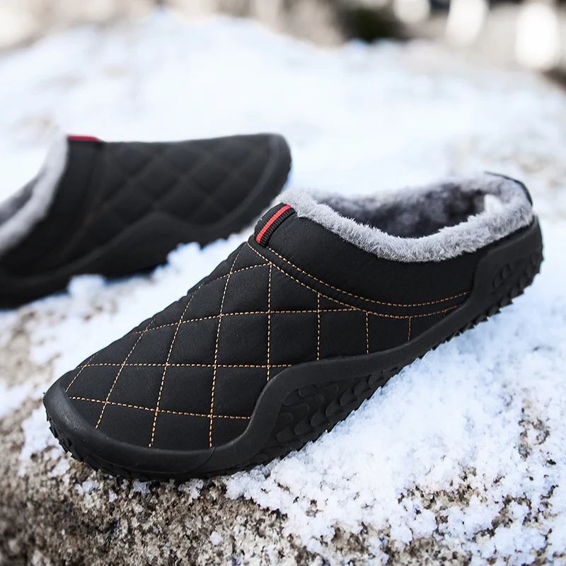 Водонепроницаемые мужские тапочки зимняя теплая парусиновая обувь с мехом