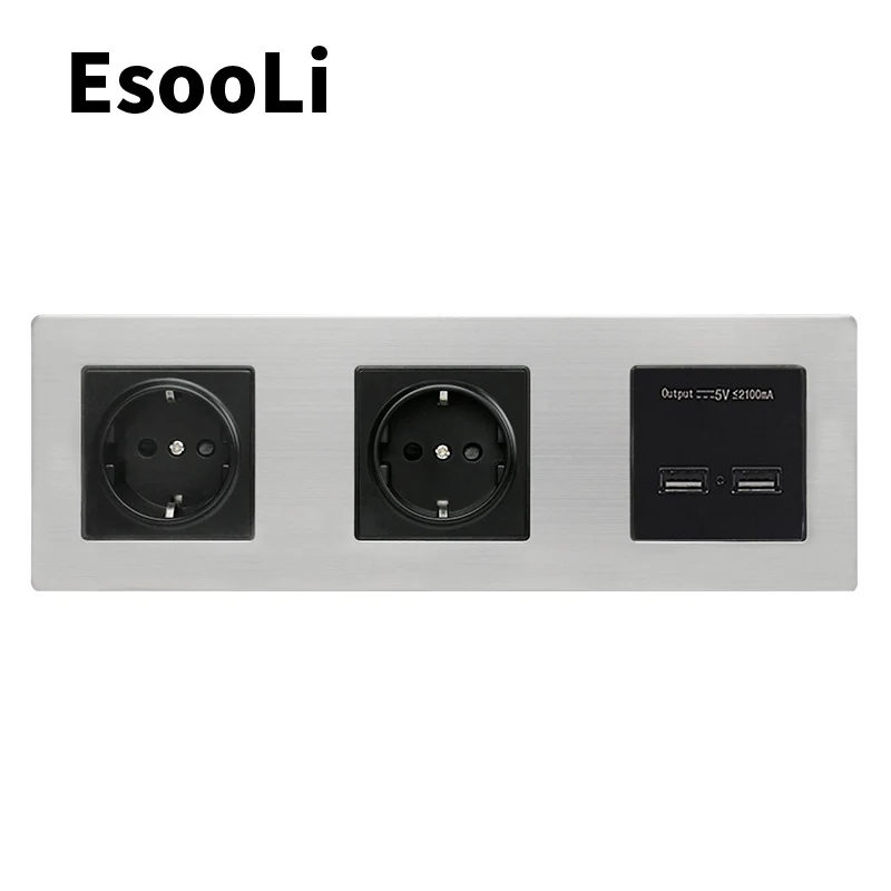

EsooLi EU Standard Wall Stainless Steel Panel Double Socket 16A Electrical Outlet Dual USB Smart Charging Port 5V 2A Output