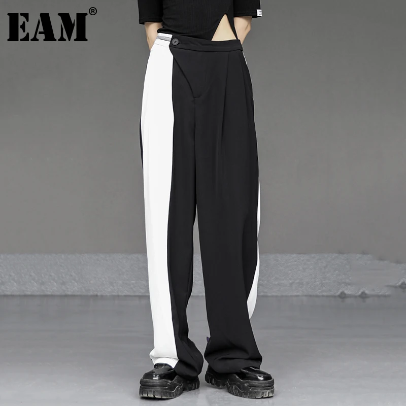 

[EAM] высокая талия, черный контрастный цвет, длинные широкие брюки, новые свободные брюки, женские модные брюки, весна-осень 2022, 1de19.