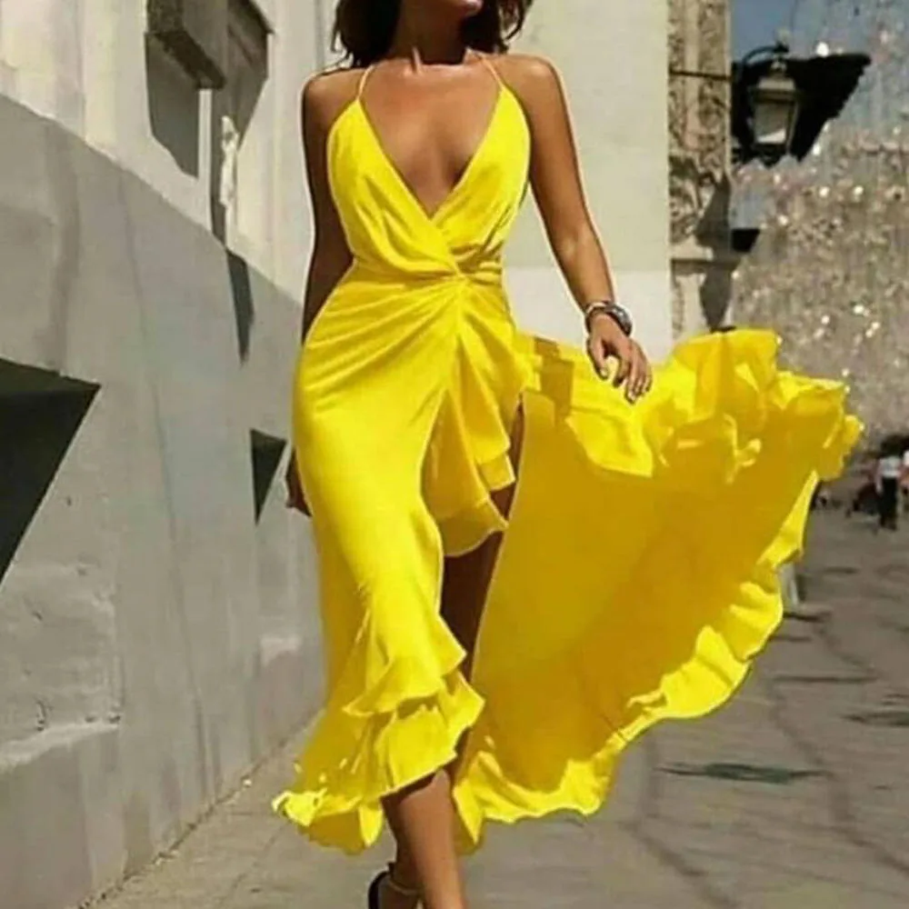 Europe America 2021 Summer New Women's Dress Solid Color Yellow Deep V-neck High Waist Split Fork Ruffle Temperament Fashion
Europe America 2021 Summer New Women's Dress Solid Color Yellow Deep V-neck High Waist Split Fork Ruffle Temperament Fashion