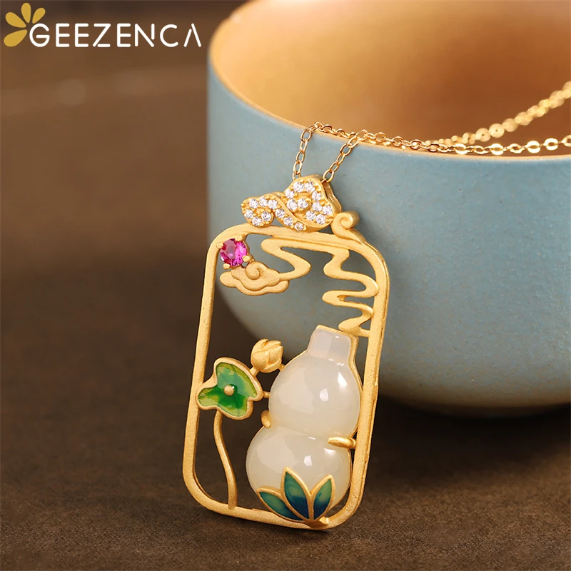 GEEZENCA S925 Silver Gold Plated Hetian Jade Gourd Colorful Enamel Pendant Necklace Ethnic Oriental Style Choker Necklaces Gift
GEEZENCA S925 Silver Gold Plated Hetian Jade Gourd Colorful Enamel Pendant Necklace Ethnic Oriental Style Choker Necklaces Gift