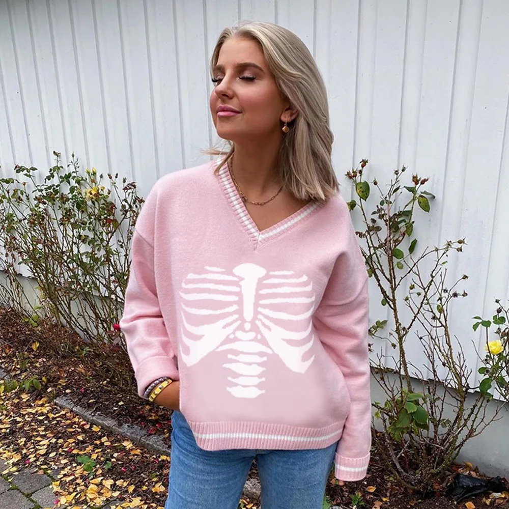 Y2K Women Halloween Skull Knit Sweater Adults Preppy Style Skeleton Print Long Sleeve V-neck Pullover for Daily Wear
Y2K Women Halloween Skull Knit Sweater Adults Preppy Style Skeleton Print Long Sleeve V-neck Pullover for Daily Wear