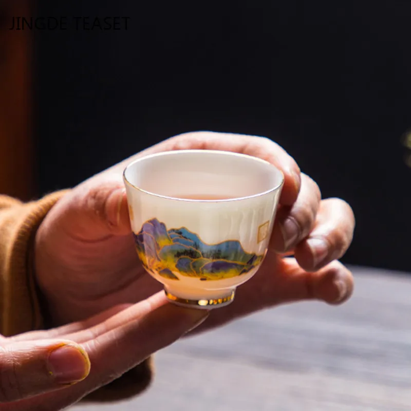 

4 шт./лот, китайская керамическая чашка для кофе, Изысканная чайная чаша из нефрита, фарфоровый чайный сервиз ручной работы, посуда для напит...