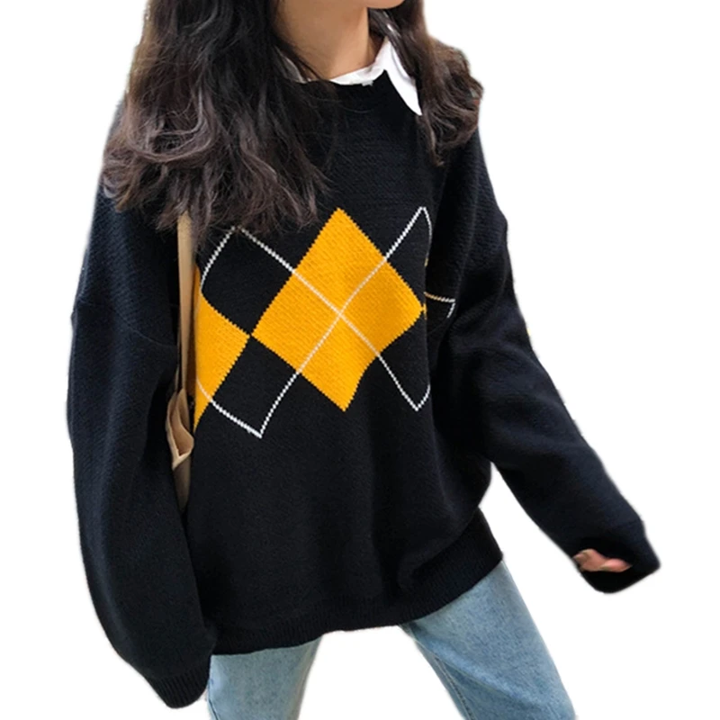 2021 New Women Long Sleeve O-Neck Sweater Argyle Plaid Pattern Oversized Knitwear Tops
2021 New Women Long Sleeve O-Neck Sweater Argyle Plaid Pattern Oversized Knitwear Tops