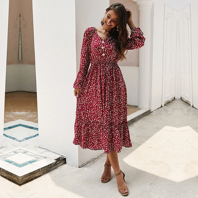 Women Medium Long Print Dress V Neck Button Slim Lantern Sleeve High Waist Floral Dress New Casual Summer Dress Office Lady
Women Medium Long Print Dress V Neck Button Slim Lantern Sleeve High Waist Floral Dress New Casual Summer Dress Office Lady