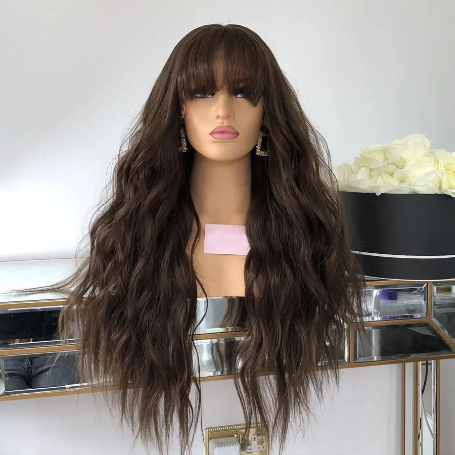 

360 Fringe Lace Frontal 250Density Human Hair Wigs With Bangs Pre Plucked Glueless #2 Light Brown Wavy 5x5 Lace Closure Wigs