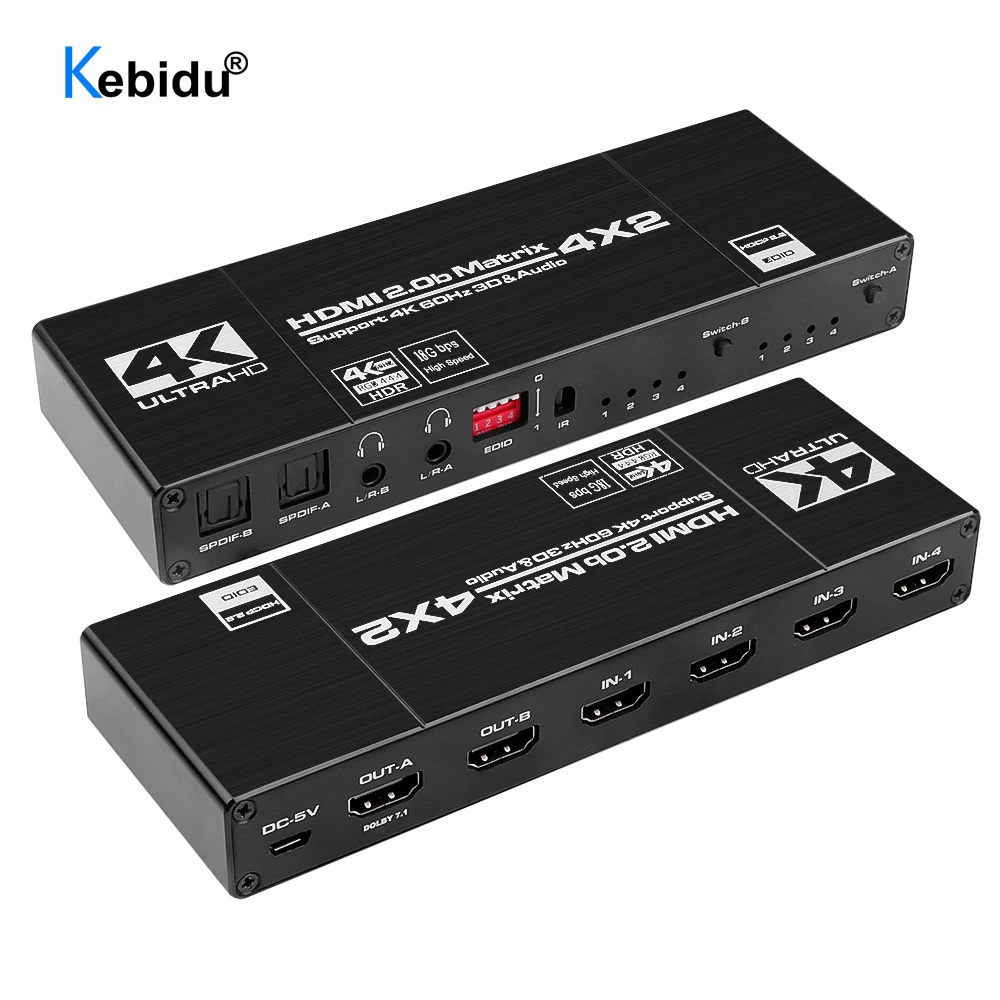 Матричный коммутатор 4K @ 60 Гц 4x2 HDMI-совместимый Разделитель с SPDIF и L/R 3,5 мм HDR HDMI-совместимый коммутатор 4x 2 Поддержка HDCP 2,2 3D
Матричный коммутатор 4K @ 60 Гц 4x2 HDMI-совместимый Разделитель с SPDIF и L/R 3,5 мм HDR HDMI-совместимый коммутатор 4x 2 Поддержка HDCP 2,2 3D