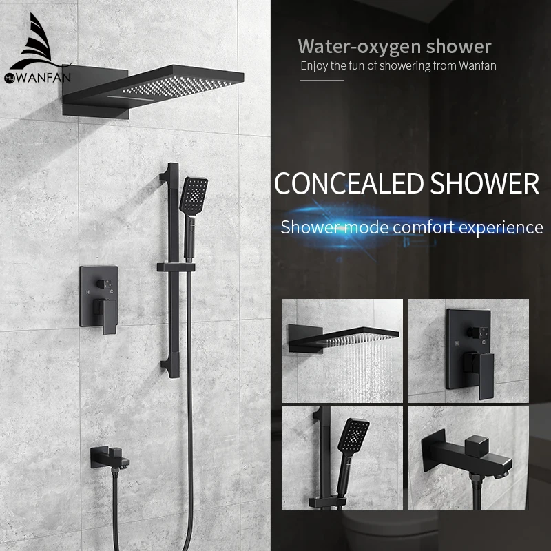 

Shower Faucets Matte Black Wall Mount Bathroom Faucet Set Rainfall Square Big Shower Head Handheld Valve Bath Mixer Tap 877845