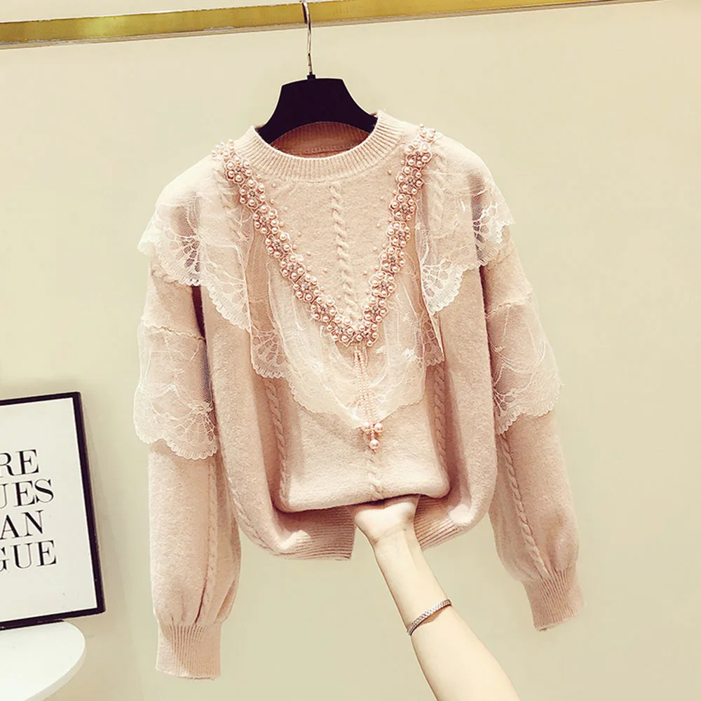 

Heavy Industry Beads Lace Flounce Knitwear Top 2022 New Spring Autumn Loose-Fitting Long Sleeve Sweater Women's Purple Sweaters