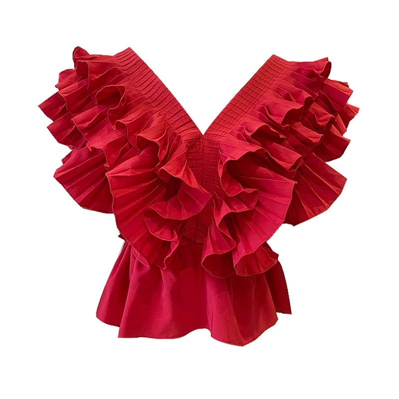 2021 Summer New Tops Waist Thin V-neck French Shirt Female Red Pleated Ruffled Sleeveless Top Short Shirt
2021 Summer New Tops Waist Thin V-neck French Shirt Female Red Pleated Ruffled Sleeveless Top Short Shirt