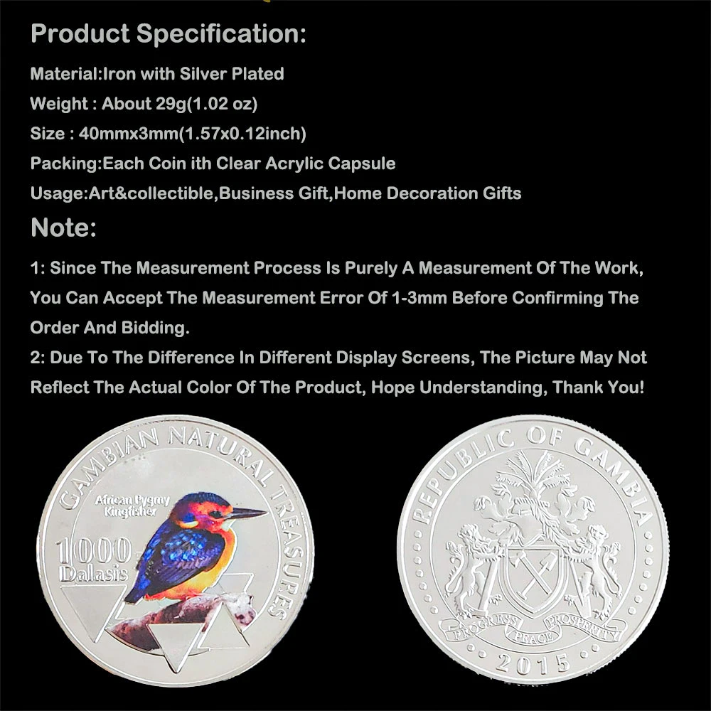 Silver Plated Gambian Natural Treasumres African Pygmy Kingfisher Bird Medal Souvenirs Coin Animal Collectible Coins Gift
Silver Plated Gambian Natural Treasumres African Pygmy Kingfisher Bird Medal Souvenirs Coin Animal Collectible Coins Gift