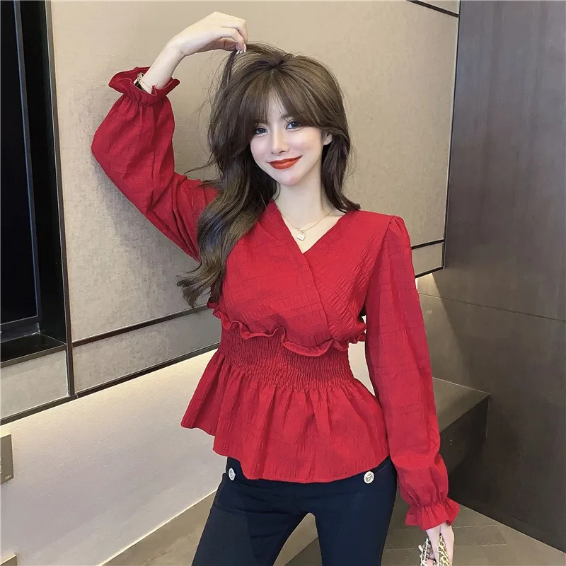 Женская Однотонная рубашка, новинка 2021, приталенная шифоновая рубашка с V-образным вырезом, длинным рукавом и оборками
Женская Однотонная рубашка, новинка 2021, приталенная шифоновая рубашка с V-образным вырезом, длинным рукавом и оборками