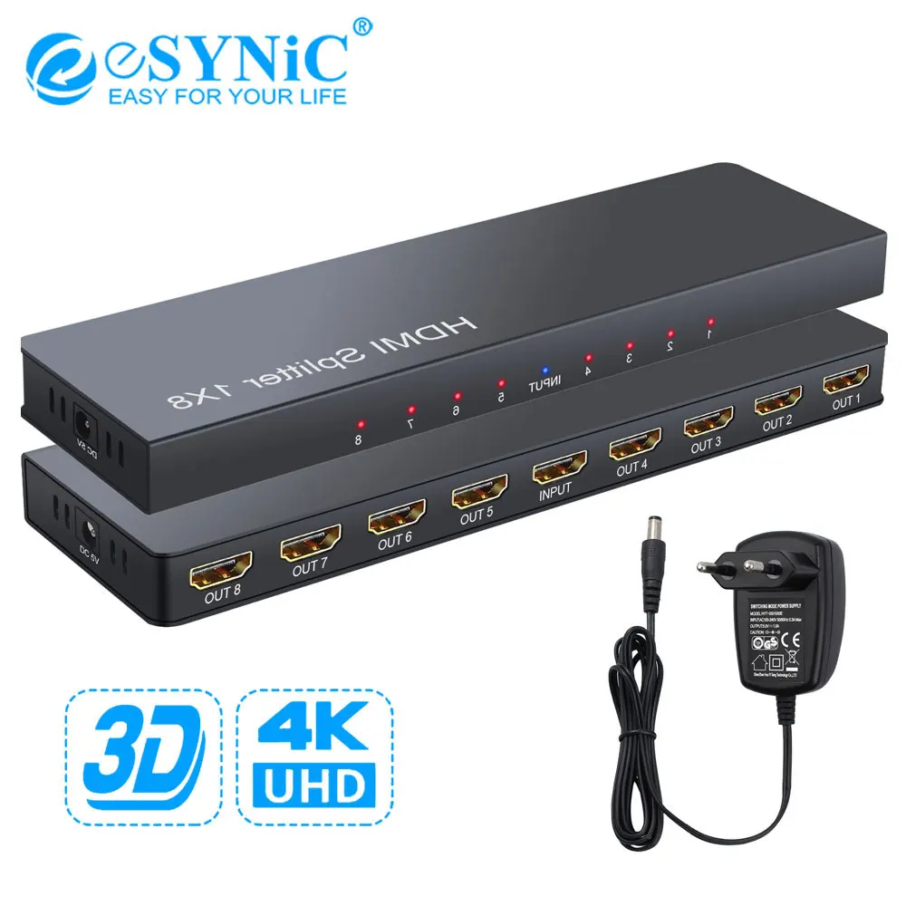 Разветвитель eSYNiC HDMI 1 в 8 с поддержкой Full HD 4K/2K @ 30 Гц разрешение 3D 1080P ПК-плеером